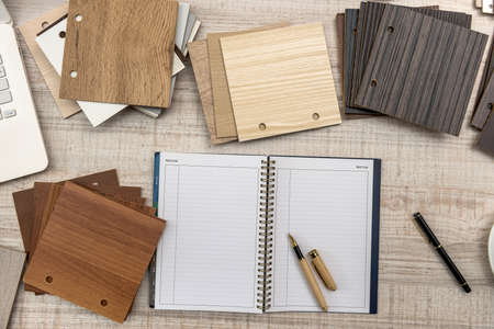 Sample of wood laminated chipboard with empty notepad for furniture design. Architecture and construction ..の写真素材