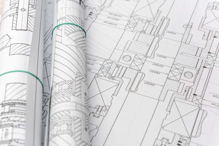 Engineering drawings on table. Engineering and Science
