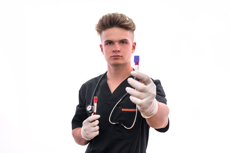 Male hand in protective gloves holding test tube with blood sampler isolated on white