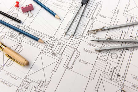 Engineer's drawing with different tools top view. Technical conceptの写真素材