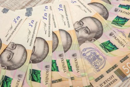 Ukrainian Money backgrounds. 500 banknotes. Hryvnia (UAH). Top view.