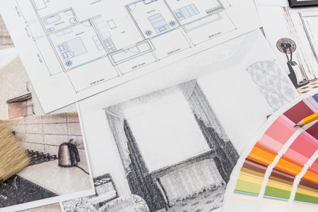 architect work - drawing sketch plans blueprints with color palette for help.の写真素材