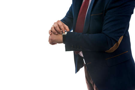businessman looking at clock before business meeting isolated on white background