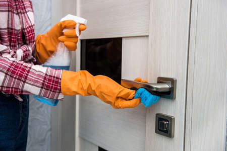 woman in protective gloves holding a spray and a rag while cleaning her house.の写真素材