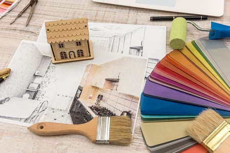Interior design concept - apartment sketch with color palette and toolsの写真素材