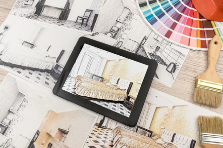 tablet showing bedroom plans in finished room. Modern apartment. Technical drawing. Home interior design, sketchの写真素材