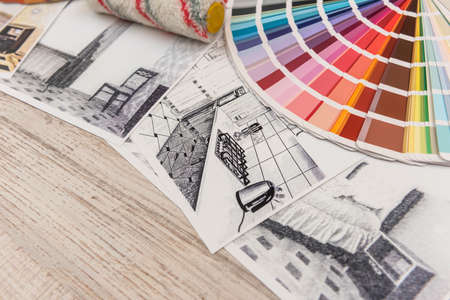 Interior design concept - apartment sketch with color palette and toolsの写真素材