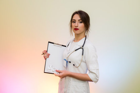 Doctor holding clipboard with pen. Pretty woman in medical form smilingの写真素材