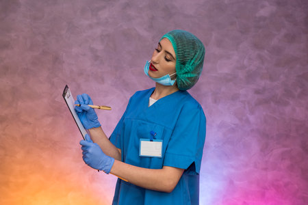 Doctor holding clipboard with pen. Pretty woman in medical form smilingの写真素材