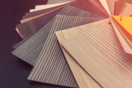 Wood material sampler as pattenr or texture for design decoration interior home isolated on black....