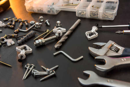 group of drill bits, screws, screwdriver bit bits and hexagon wrench for repairの写真素材