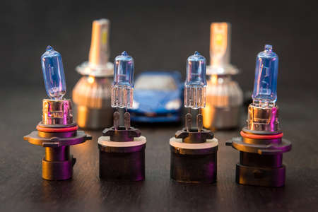 Various modern ice bulbs for auto headlight. Scientific advances in the manufacture of car lights