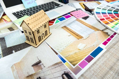 Business desk at architect and interior illustration sketch work laptop. Concept of home renovation, repair or decorationの写真素材