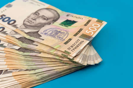 pile of 500 banknotes ukrainian money as financial background. UAH. Money and save conceptの写真素材
