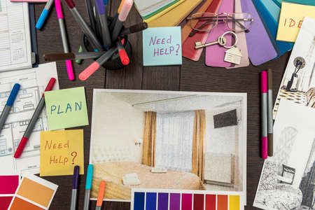 Home apartaments sketch with sticker need help text and color catalog, pencil and brushの写真素材