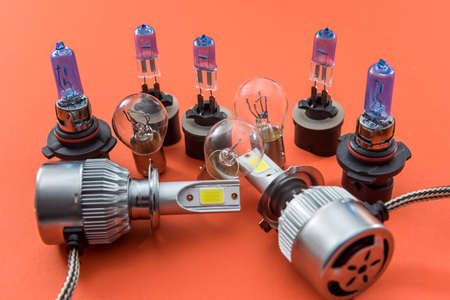 Different shapes and sizes car light bulbs isolated on orange. Modern auto glass lamp. energy powerの写真素材