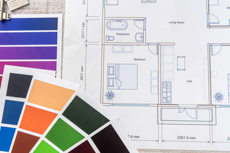 Home blueprint with color palette. design architecture, house renovation