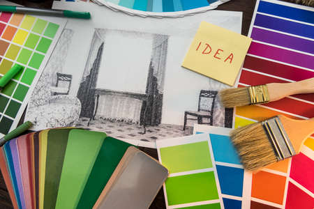 Sticker with home apartaments plan and color catalog for house renovationの写真素材