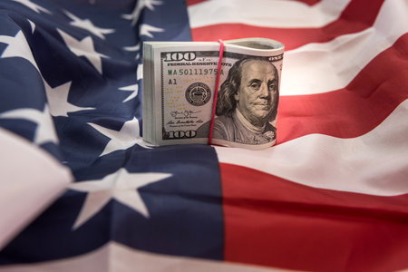 finance concept dollar bills lying on flag of america. financeの写真素材