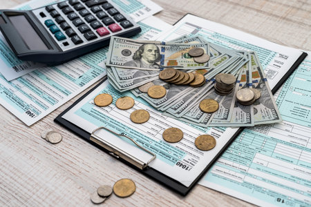 Tax form 1040 with us money dollar and coin calculator. Business and tax concept. Pay tax in 2019...