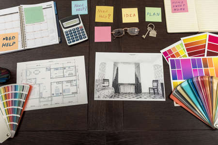 Architectural and engineering housing concept. Palette of colors designs for interior works on...