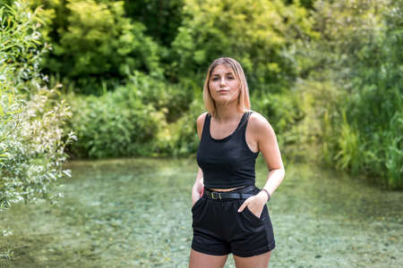 young woman relax and enjoy time at nature. freedom lifestyle