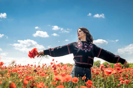 young woman alone at poppy in field summer day, lifestyle