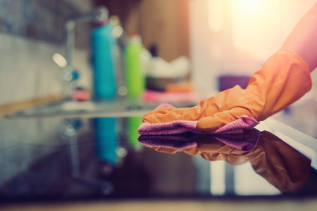 female hand cleaning with sponge and detergent modern cooking glass electric hobの写真素材