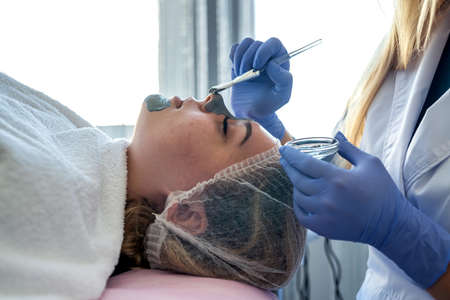 beautician applying facial mask using brush. Beauty treatment spa salon. Concept of anti-aging,...