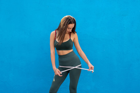 woman in sportswear measures her body after training. healthy concept