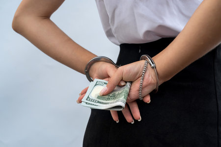 Close-up of woman hands in handcuffs holding dollar. bribe and corruptionの写真素材