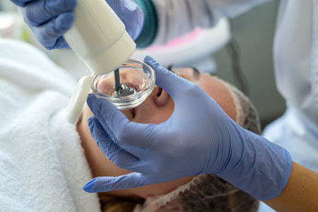 beautician applies mask to young woman with spatula in cosmetology clinic. Spa beauty treatment,...