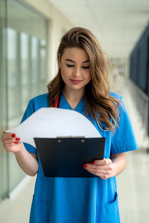 portrait of beautiful nurse in blue uniform with clipboard in modern hospital. medical concept