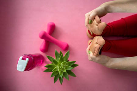 woman doing yoga exercise lotus position in mat at homeの写真素材