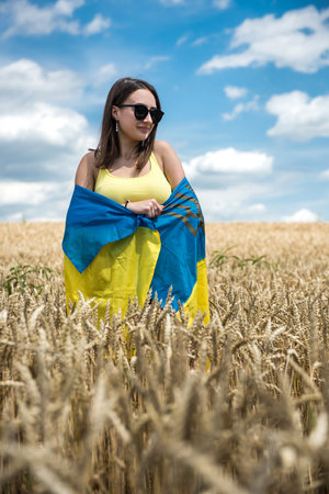 Pretty slim girl with yellow-blue flag of Ukraine in wheat field. lifestyleの写真素材