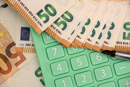Financial and count or exchange concept. Euro money in officeの写真素材