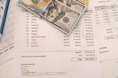 versatile documents with dollar banknotes and calculator lie on a wooden table. business concept