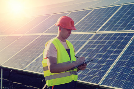 young caucasian man in uniform works at a solar station. Concept of green energy