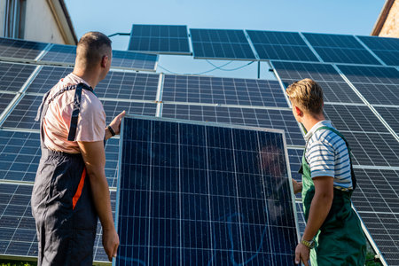 Workers in protective uniform carrying solar panel for installation at new station
