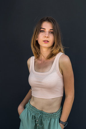 Beauty portrait young woman isolated on black wall. lifestyleの写真素材