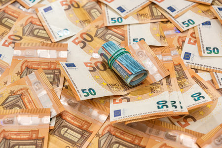 pile of 50 euro banknote, wealthy financial and exchange conceptの写真素材