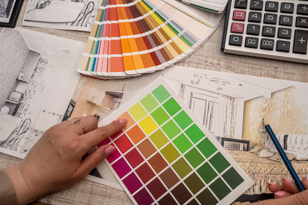 Interior designer's hand selects a color from the palette. renovation concept