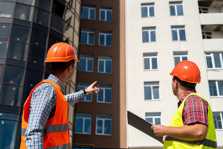 young strong workers in uniform and helmet stand near the finished new house. construction concept