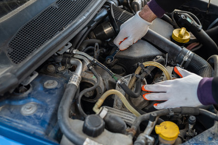 hands of a strong man mechanic in gloves repairs the car under the hood. car repair concept. car...