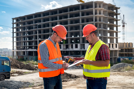 one young worker in uniform and helmet takes a signature from another strong worker in uniform and...