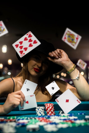Woman looking in play cards in casino. chips and money, gambling concept