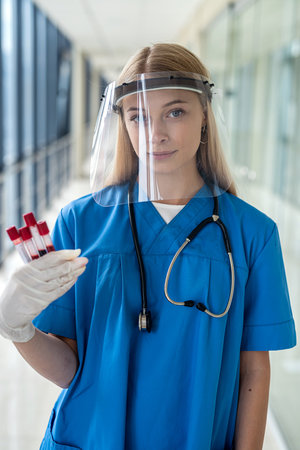 a nurse in a uniform with a protective cap holds a test tube with blood samples. medicine conceptの写真素材