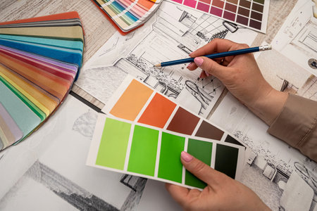 Female interior designer chooses color from the palette, working with house sketch at office