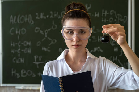 female student hold chemical flask with liquid for biology experiment. school lessonの写真素材