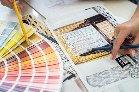 Close up on human hands showing color sampler and sketch of interiorの写真素材